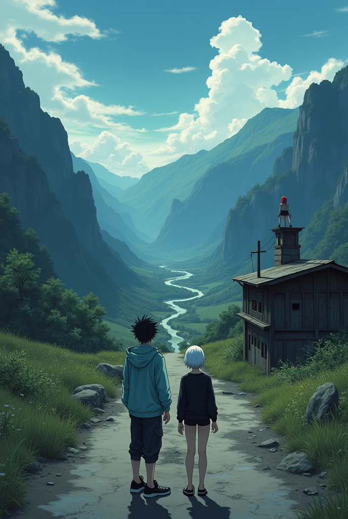 The image is anime style cowboy bebop and Darker than black with shadows and dim lights, anime style although somewhat adult and dark, It shows a rural road, where an old and destroyed building is located between the mountains, the view of the image is aerial. in the middle of a valley, where you can see mountains and a river below, on a vacant lot, very far, You can see a young man wearing a light blue jacket and black sneakers and an albino woman with short white hair wearing a black sweater and minishorts., carrying their bare feet. both, They are standing at the other end of the road. on a distant mountain, There is a red-haired girl standing there with tattoos on her body and a single horn., She wears her hair in a big braid.