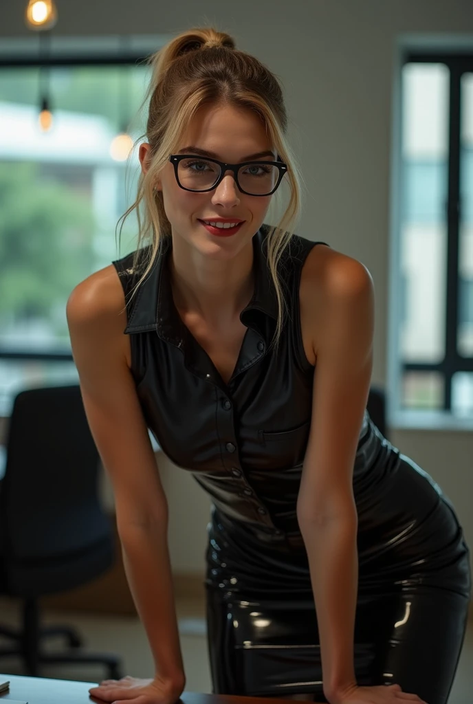 complete photo of a 30 years old woman with light brownblond hair tied to a ponytail. She is standing in an office. She is wearing a glossy tight black latex pencil skirt and a sleeveless button down blouse out of black latex. She is also wearing high heels and glasses. She is bending over a table. She is looking seductive, erotic, sinful and lustful into the camera. She is smiling mischievous.