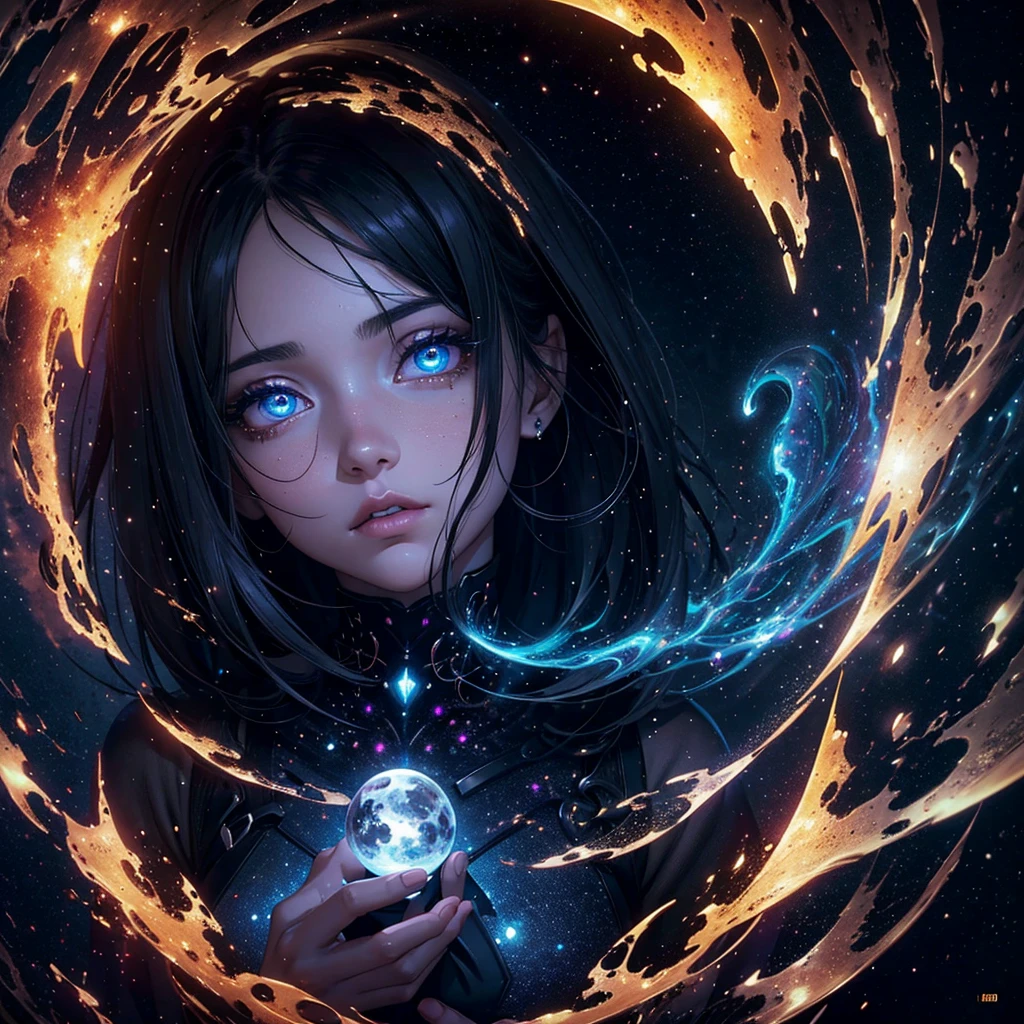 A girl holding a black hole in her hands, 1girl, beautiful detailed eyes, beautiful detailed lips, extremely detailed eyes and face, long eyelashes, dramatic lighting, hyperrealistic, 8k, high quality, intricate details, photorealistic, cinematic, dramatic lighting, warm color tones, volumetric lighting, glowing energy, detailed textures, chiaroscuro, dramatic shadows, mystical, cosmic, awe-inspiring, surreal, digital art