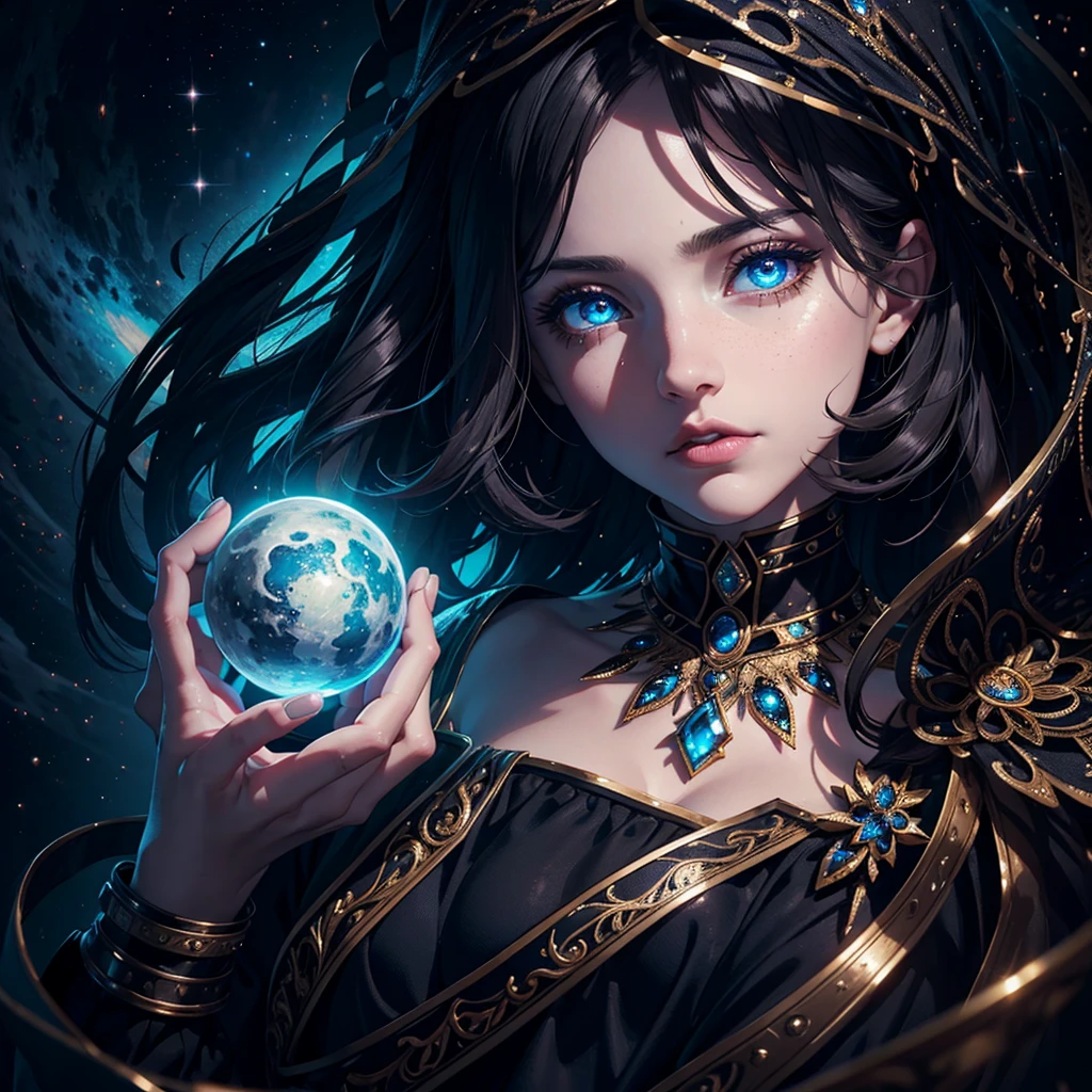 A girl holding a black hole in her hands, 1girl, beautiful detailed eyes, beautiful detailed lips, extremely detailed eyes and face, long eyelashes, dramatic lighting, hyperrealistic, 8k, high quality, intricate details, photorealistic, cinematic, dramatic lighting, warm color tones, volumetric lighting, glowing energy, detailed textures, chiaroscuro, dramatic shadows, mystical, cosmic, awe-inspiring, surreal, digital art