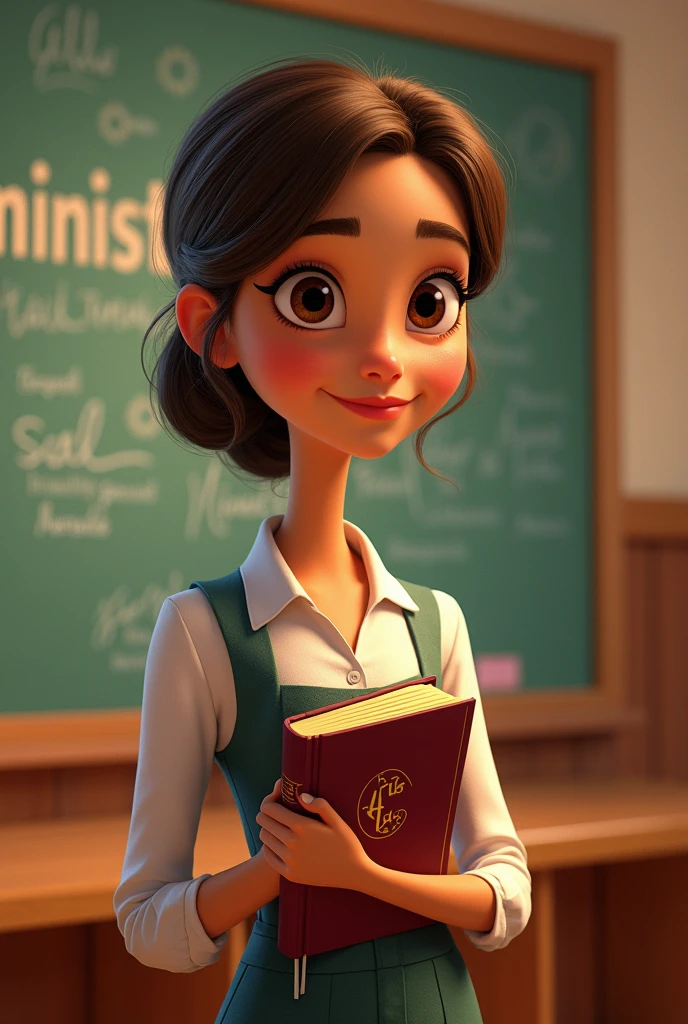 Disney Pixar inspired movie poster with title "Children's Ministry Aunts". It has to be a brown-haired woman , hair slicked back, light brown skin color, wearing a Sunday school teacher's professional outfit and holding a Bible in her hand, and with a sala de aula background written Ministerio . The scene should follow an art style similar to Pixar, focus on characters' Expressions, swirly vibrant colors, Detailed textures and features of your animations.