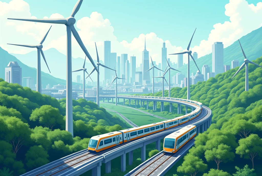 Environmental protection,mass transportation,wind turbine ,tree,Looking down and detailed,high quality,flat。 drawing,Perfect composition