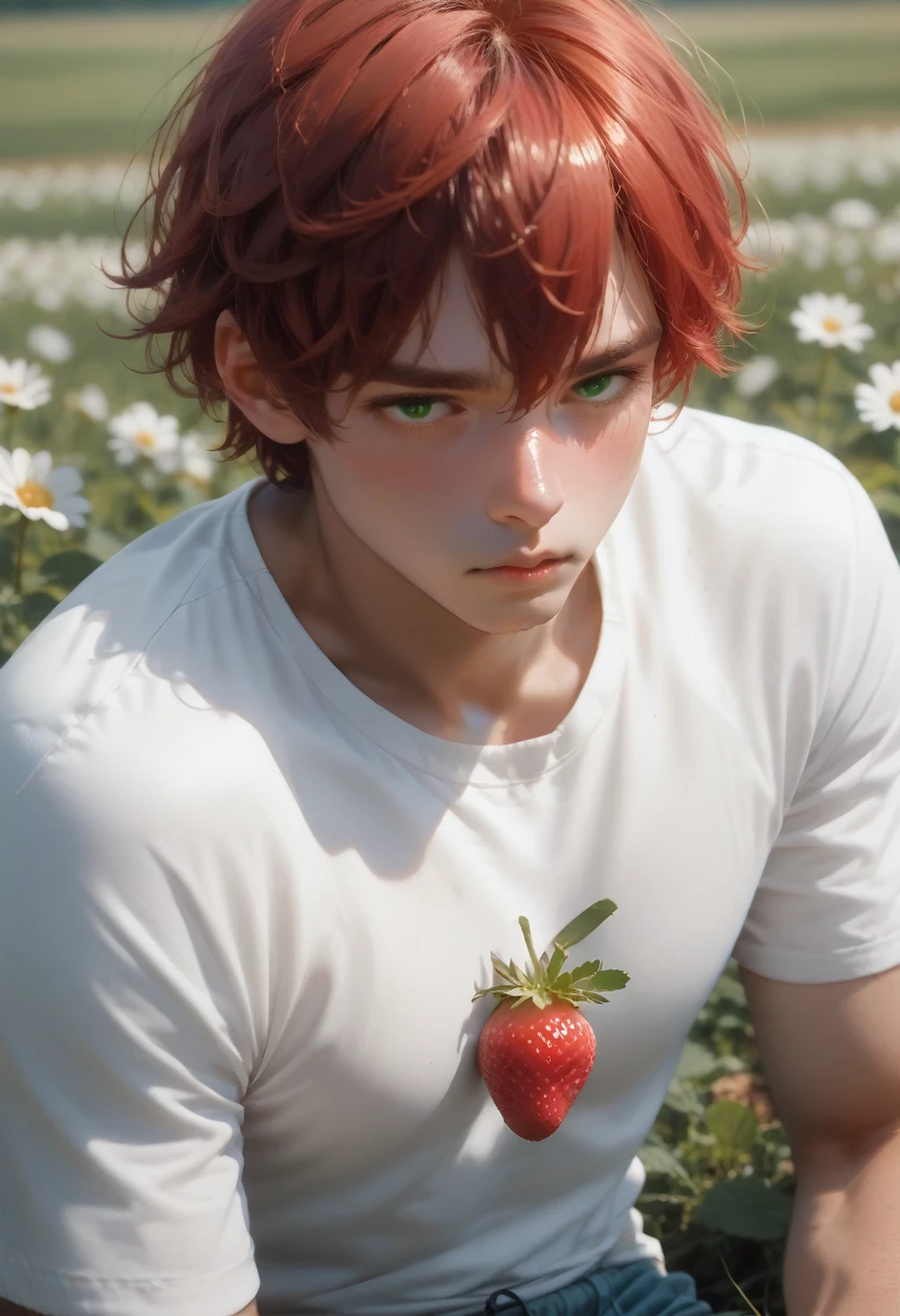 best quality, ultra high res, 1 boy, red hair, green eyes, short and thin body, wearing a white shirt and shorts, ((shy expression)), strawberry field