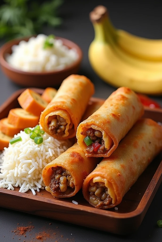 Whole lumpia, rice banana in a  tray