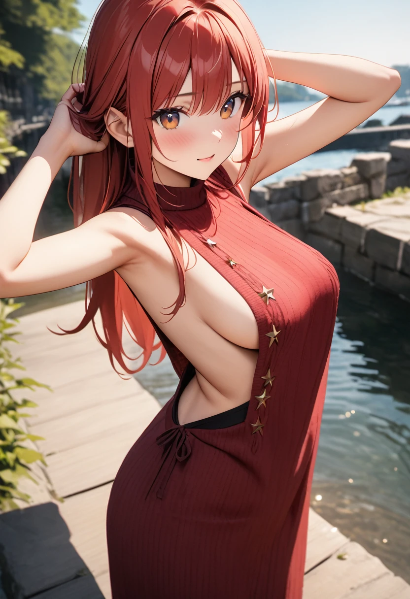 (Highest quality、4K、8k、High resolution、masterpiece:1.2)、Very detailed、Picturesque、Animated Photography、Photo Animation:1.37)、、Japanese women、red hair、long hair、stars ornament、Leaning forward、(Backless)High-neck sleeveless knit dress、(((side boob)))、Put your arms behind your head、Nakano May