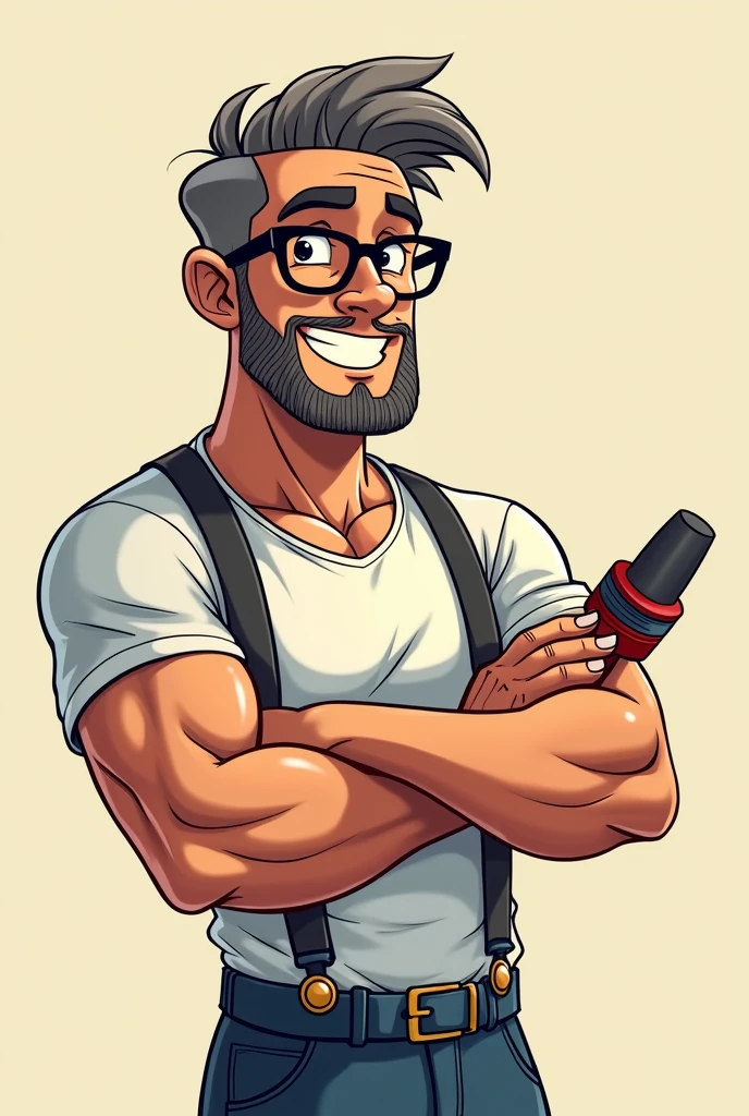 A cartoon drawing of a handsome muscular man with glasses and a beard looking very cartoonish happy and with his arms crossed wearing a shirt and a bit of grey hair and a polisher in his hand