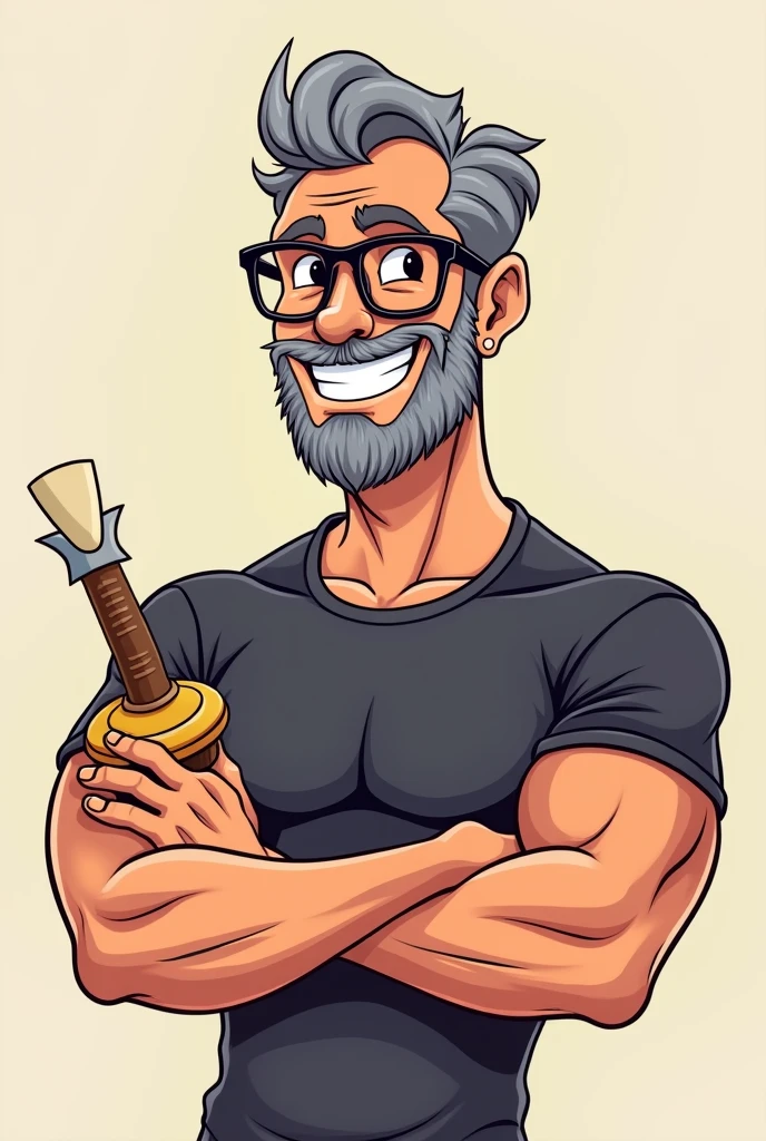A cartoon drawing of a handsome muscular man with glasses and a beard looking very cartoonish happy and with his arms crossed wearing a shirt and a bit of grey hair and a polisher in his hand