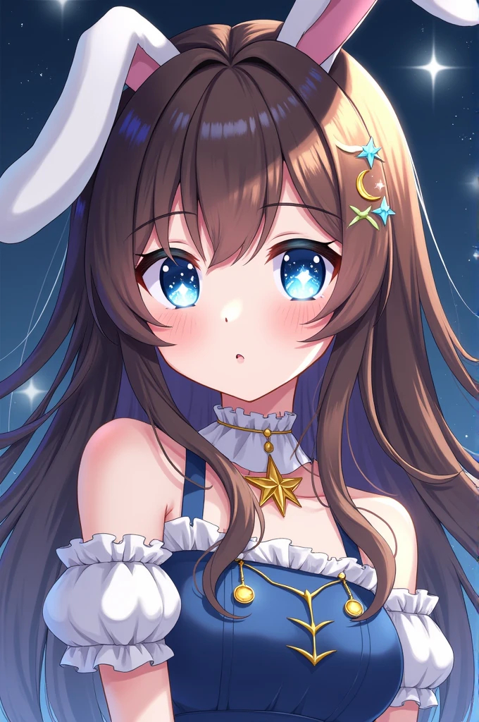 Anime style girl white skin long brown hair loose with blue wavy hair tips, rabbit ears. ((Blue eyes with white six-pointed stars in each eye.)) Astronomy-themed fancy dress. Gold moon jewelry. Star decoration on the right side of the hair. Non-sexualized, frilly clothes. adult girl. small breast