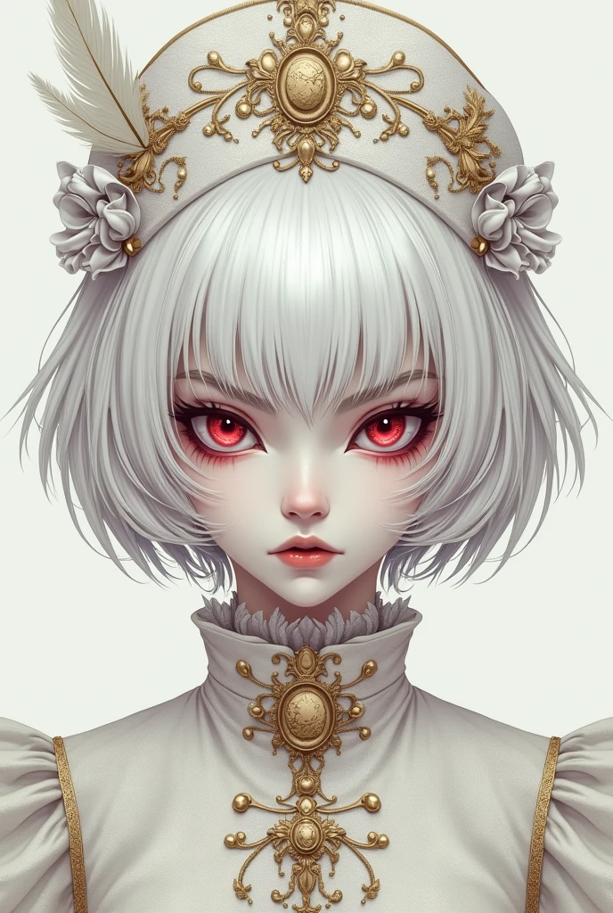 Dark drawing style, Bad-faced woman with small, slanted, almost red pink eyes but with short, layered hair and white eyelashes, totally albino, with skin as pale as snow., She wears a white mesh in the middle of her face that covers her face a little and a small feather headdress on top of her hair., elegant white clothes like a duchess, clothes full of gold accessories. His expression is almost always arrogant.. Pink undertones in illustration