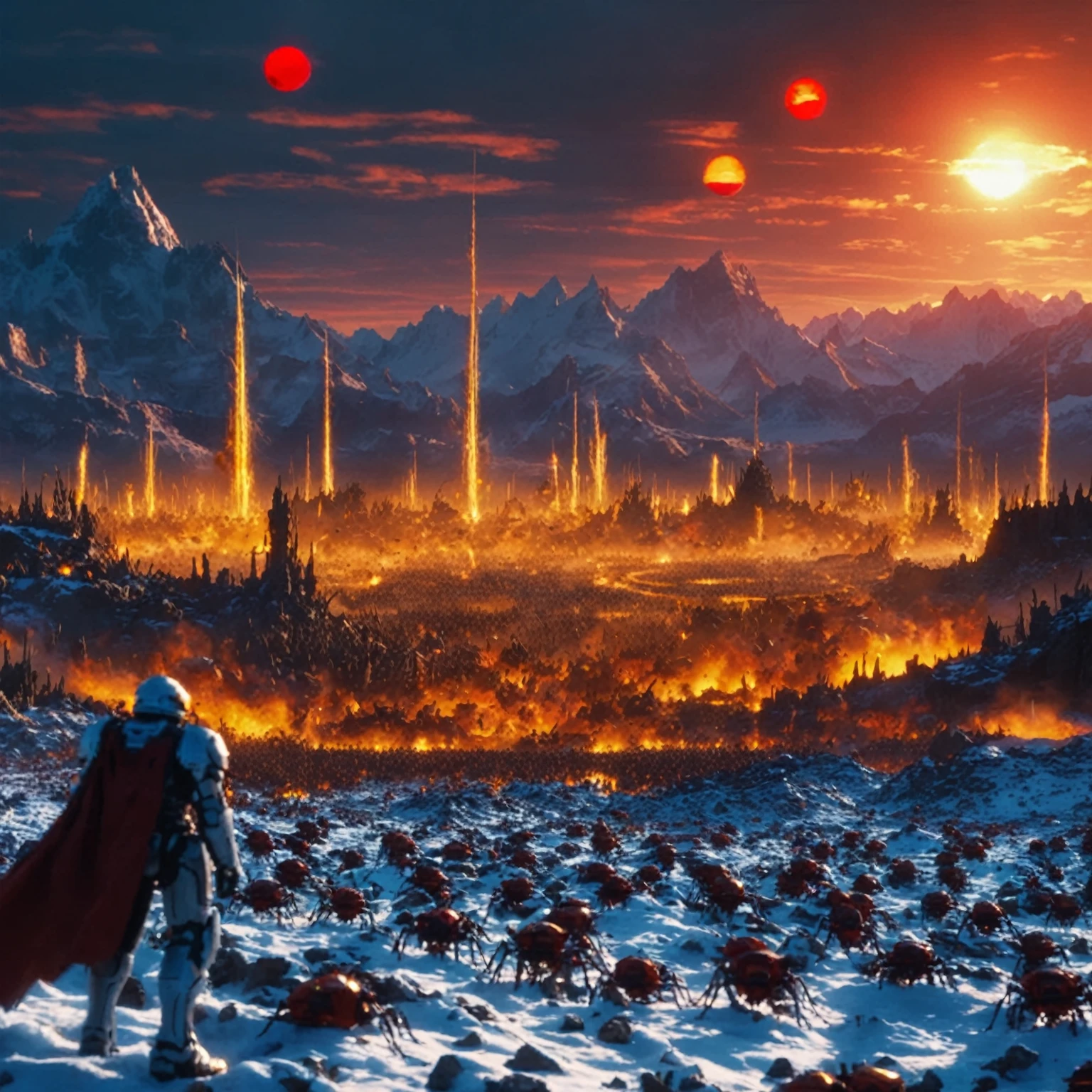 an extreme wide shot of a battlefield between an army of insect like humanoids against an army of mechwarriors, BREAK, there are mountains on the background as high as Mount Everest, a frozen valley, two red suns in the sky, fire and explosions abound, cinematic volumetric lighting, shot with Sony Fx6