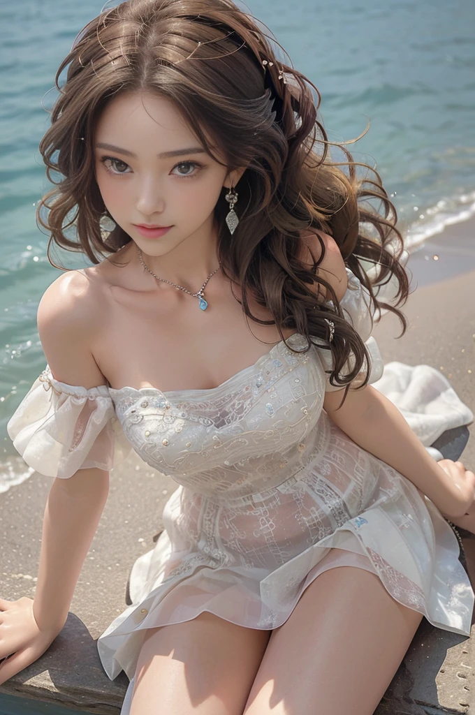 ((Knee Shooting))), ((from above)), ((actual)), 1 busty girl, Posing for photos, Outdoor sports, Seafront, The sky is mostly cloudy, Sit Pose,  pretty legs,looking at viewert, detailed scene, curlies, Air bangs, beautiful hair ornaments, Brownish-yellow hair, ((Sweet girly clothes 4,Off-the-shoulder dress,jewely,)), illuminate warmly, warm color palette, Detailed details, ultra - detailed, (tmasterpiece, Best quality at best), (An extremely delicate and beautiful work), Delicate earrings, Delicate necklace, simple blurr background, Extremely detailed description, Ultra-fine painting, delicated face, slim toned body, (ssmile, Teeth are exposed), (Anatomical correct)