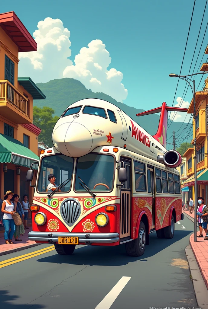 Cartoon of a white and red Avianca plane turned into a Colombian bus that drives through a Colombian city with the Colombian flag