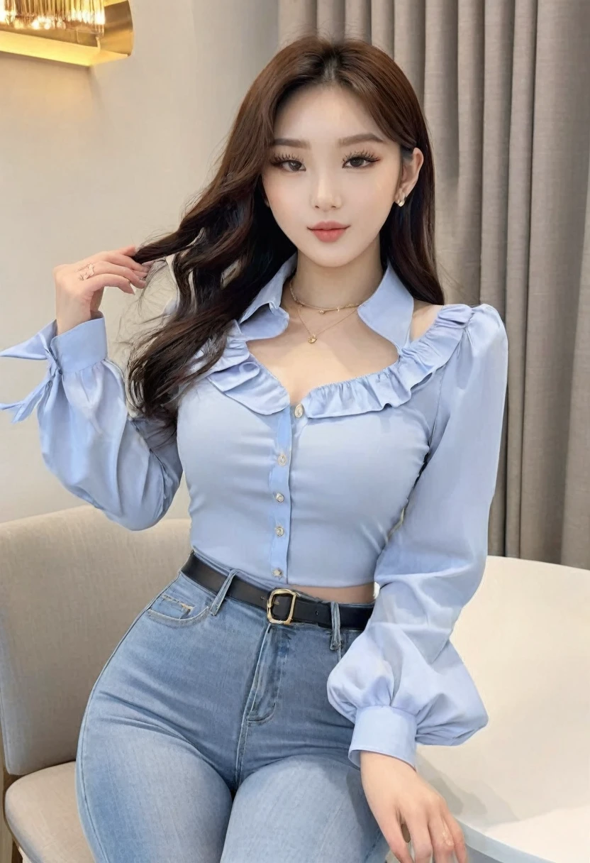 (((high quality:1.2))), Work of art, (8k), extremely detailed, ((High detail:1.2)) ((best resolution)), (HotLexi), Solo, ((Korean Ulzzang female)), (blouse, jeans), (hot perfect hourglass-shaped body),