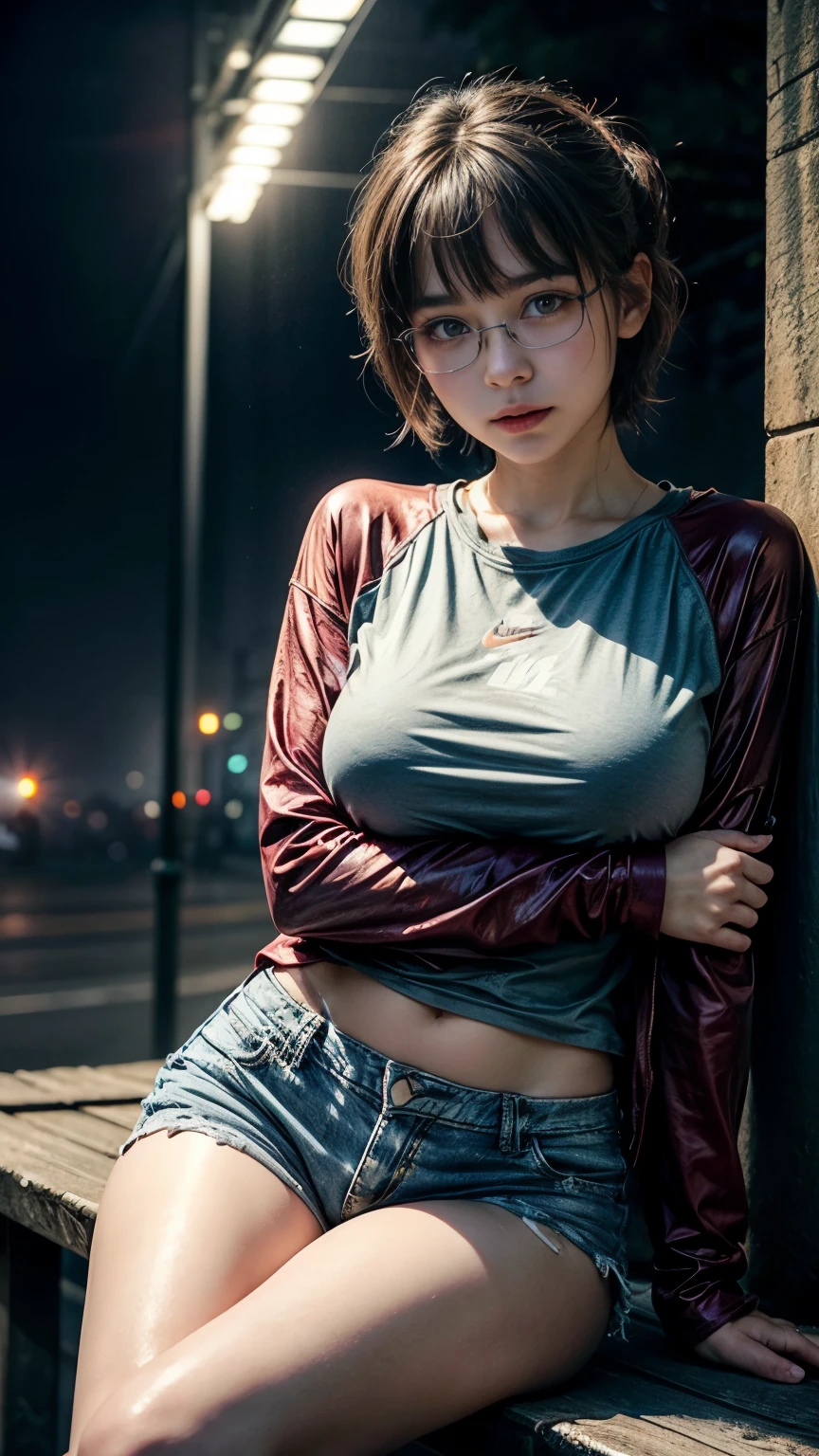 Photorealistic, (close up:1.3, exposed face), wide angle, (seen from below), a balinese young woman wearing wet (long sleeve (nike t-shirt:1.2), oversized t-shirt, hotpants), a hyperrealistic beautiful young girls with grayish blue eyes in glasses, natural sagging breast, high detailed official artwork, beautiful girls with slim fit body and busty posture, long legs, attractive young woman, (atractive sitting poses:1.3, crossed arm hold the breast up), at bench in the (foggy big city:1.2), night view background, rainny day, dubnitskiy david fanart, realistic portrait, smooth photorealistic, perfect visual of a cute girls, cute girls with skinice soft face, face focus, makoto shinkai and artgerm, photon mapping, natural light, warm color tones, vivid colors, cool ambient, foggy atmosphere, short hair