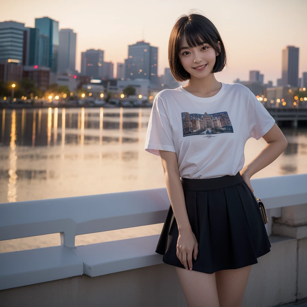 (Highest quality, masterpiece), One person, Intricate details, beautiful細部までこだわった顔, T-shirt and skirt, Evening cityscape, blush, Open your mouth, Black Hair, short hair, Blunt bangs, Happy, Are standing, Cowboy Shot,solo, High resolution, smile,beautiful,cute,Dimples,High resolution,