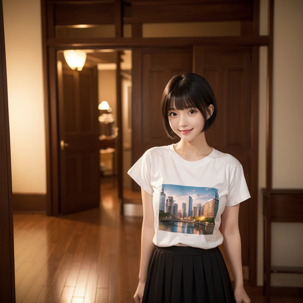 (Highest quality, masterpiece), One person, Intricate details, beautiful細部までこだわった顔, T-shirt and skirt, Evening cityscape, blush, Open your mouth, Black Hair, short hair, Blunt bangs, Happy, Are standing, Cowboy Shot,solo, High resolution, smile,beautiful,cute,Dimples,High resolution,
