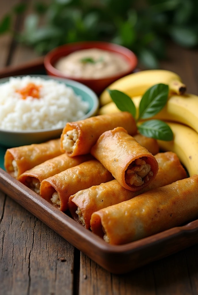 Fully wraped lumpia, rice banana in a tray