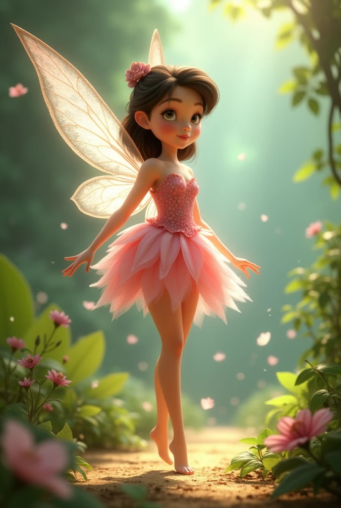 Image with the magic of Pixar, Tinkerbell&#39;s Friend Rosette, a white fairy with dark brown hair and eyes , dress made of a pink flower and transparent wings 