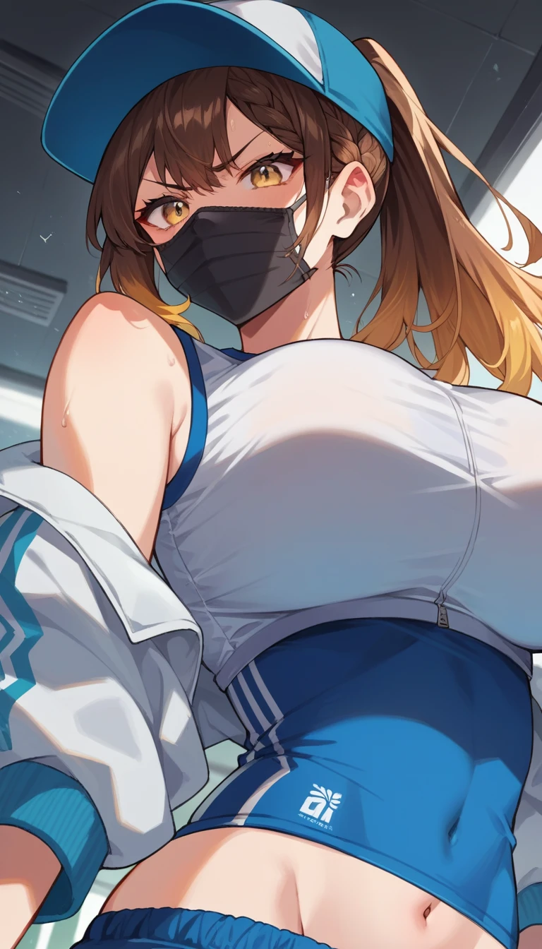 score_9, score_8_up, score_7_up, source_anime, rating_safe, 1girl, a woman showing frowning, serious face, upper body, dynamic posing, perfect anatomy, dynamic angle. perfect dynamic composition, blue baseball cap, mouth mask, Shooting from below, track jacket open, white sport bra and dark blue shorts, large breasts, braid, yellow eyes, long hair, ponytail, deep brown hair, gradient hair, background: gym fitness room. 