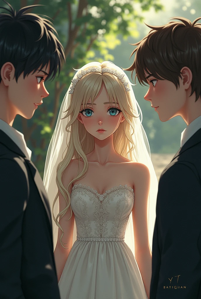 A girl with light hair and blue eyes dressed as a bride but her face looks somewhat sad, On one side is a boy with brown hair and dark eyes, on the other side is a boy with black hair and gray eyes., that is realistic but lively, que no sea anime cyberRealistic
