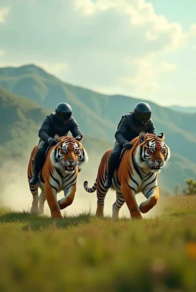 PHOTOGRAPHY in better quality (( masterpiece))
Two tigers in an epic race are running fast, and each one with 1 man on its back,men in motorcycle suits, in the field Epic Realist 