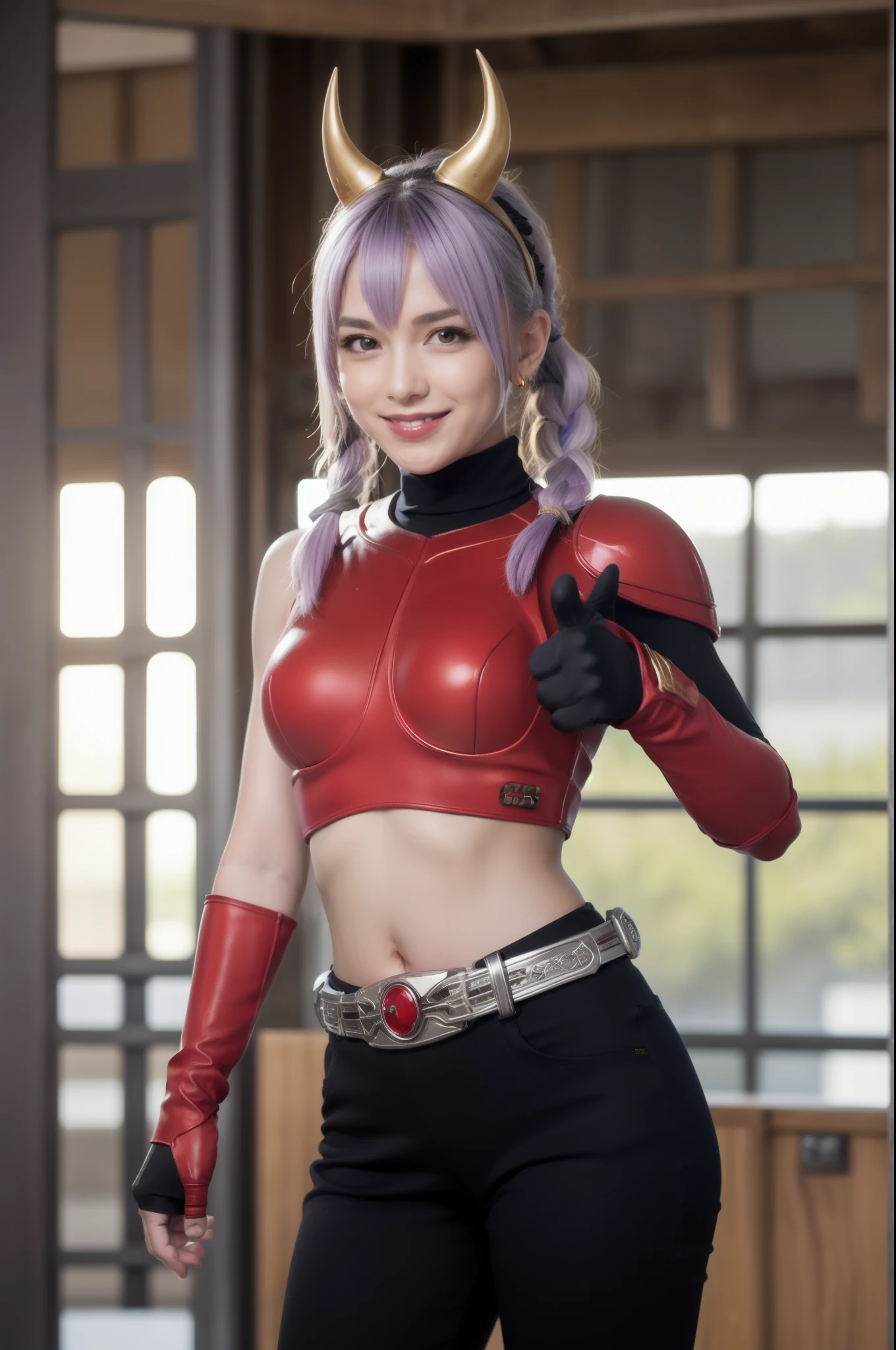 (The CG is very detailed.), (best quality), perfect face, Shiny skin, Shiny skin,wide hips, 1 girl,alone , Eukinetics,light purple hair,very long hair,low Twintail,Ahoge, purple eyes, Twintail, long hair,Mighty Cougar, ,Yellow horns,red armor, rider belt, glove, Diaphragm,navel,gold,,armor,belt,gag,bare shoulders, Thumbs up, smile,full body,