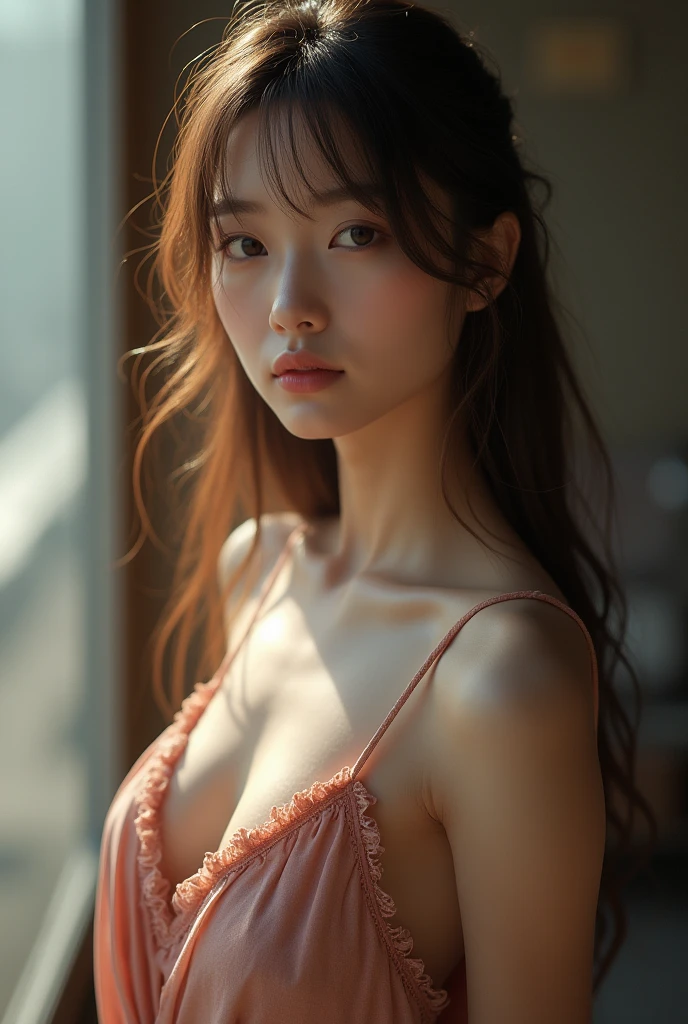 ((Beautiful Japanese Woman))、One Woman、Light brown hair、(bangs:1.3)、(Straight Long Hair:1.4)、、(big breasts:1.4)