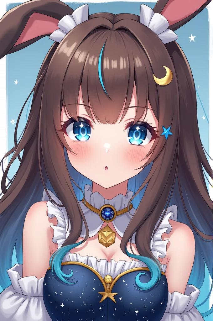 Anime style girl white skin long brown hair loose with blue wavy hair tips, rabbit ears. ((Blue eyes with white six-pointed stars in each eye.)) Astronomy-themed fancy dress. Gold moon jewelry. Star decoration on the right side of the hair. Non-sexualized, frilly clothes. adult girl. small breast