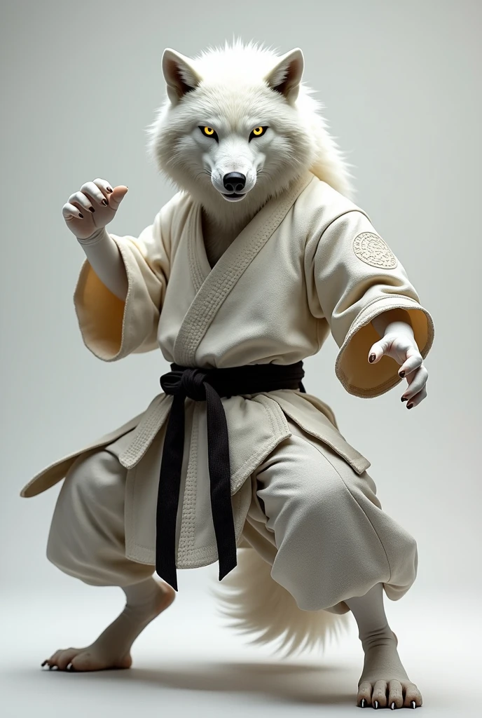 A white wolf. In a E-BOGU Musashi Kendo Keikogi outfit. Doing a karate pose. 