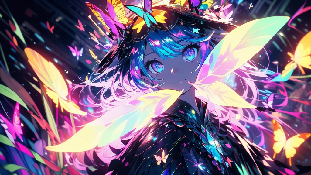 Enchanted Mystical Girl, neon colored butterflies, mini golden fairies, Glowing mushrooms releasing pollen, (ultra-realistic), {extremely detailed 8k CG unity wallpaper}, (A low view that prioritizes the entire scene), (Fully open field view), (low angle shot), (destacados: 1.5), (low light: 1.0), (Warm Light Source: 1.0), complexdetails, (Iridescent Colors: 1.5), (bright lighting), (atmospheric lighting), naturey, magical