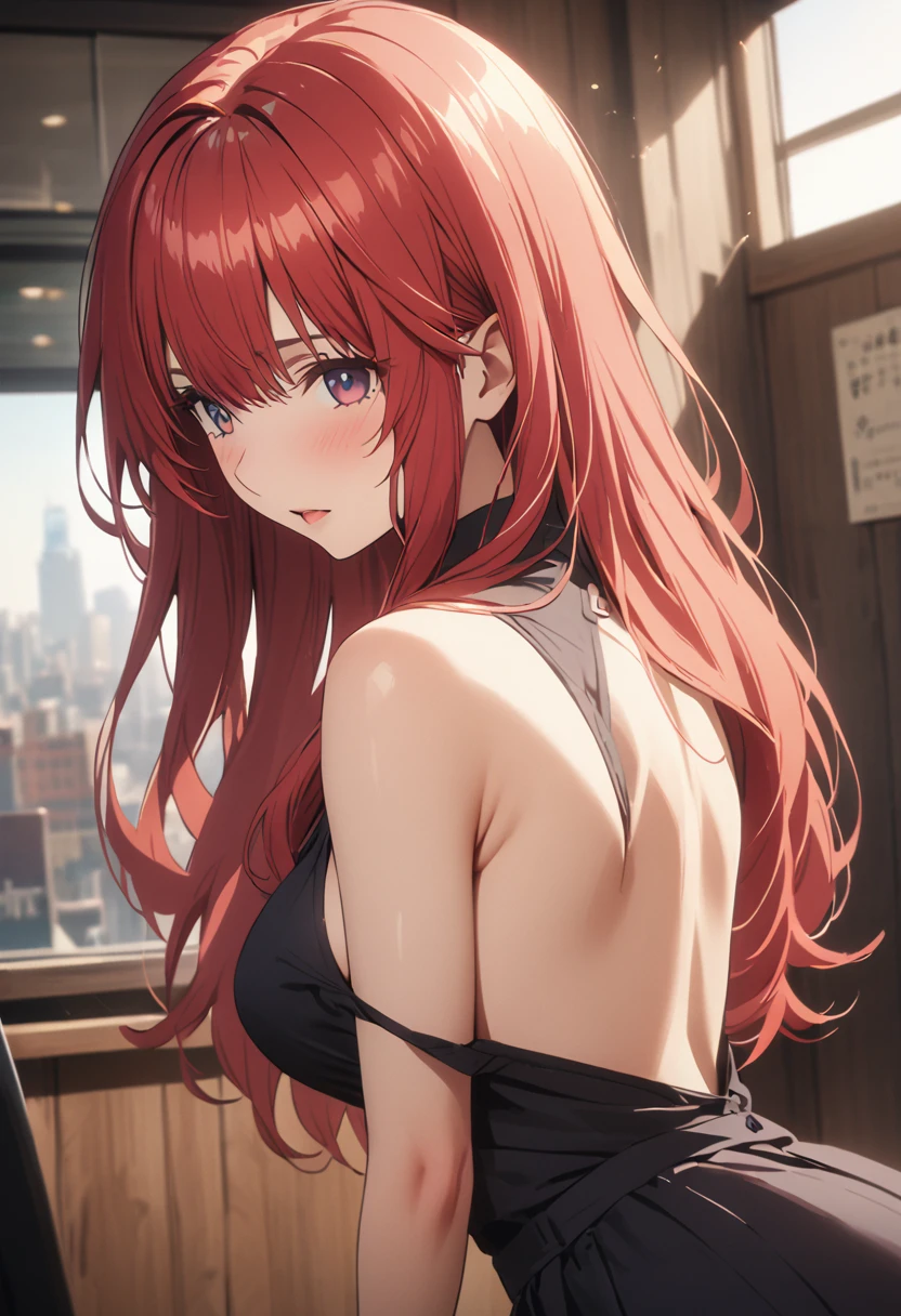 (Highest quality、4K、8k、High resolution、masterpiece:1.2)、Very detailed、Picturesque、Animated Photography、Photo Animation:1.37)、、Japanese women、red hair、long hair、stars ornament、Leaning forward、(Backless)High-neck sleeveless knit dress、(((side boob)))、Put your arms behind your head、Nakano May