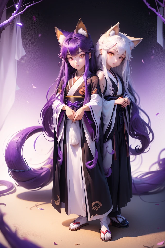 1Boy, long hair, purple hair, curly hair, purple eyes. Fox ears, fox tails (Kitsune). Black Japanese traditional clothing. Japanese temple, forest, white leaves, (unusual pupils), (glowing eyes), (magic eyes)