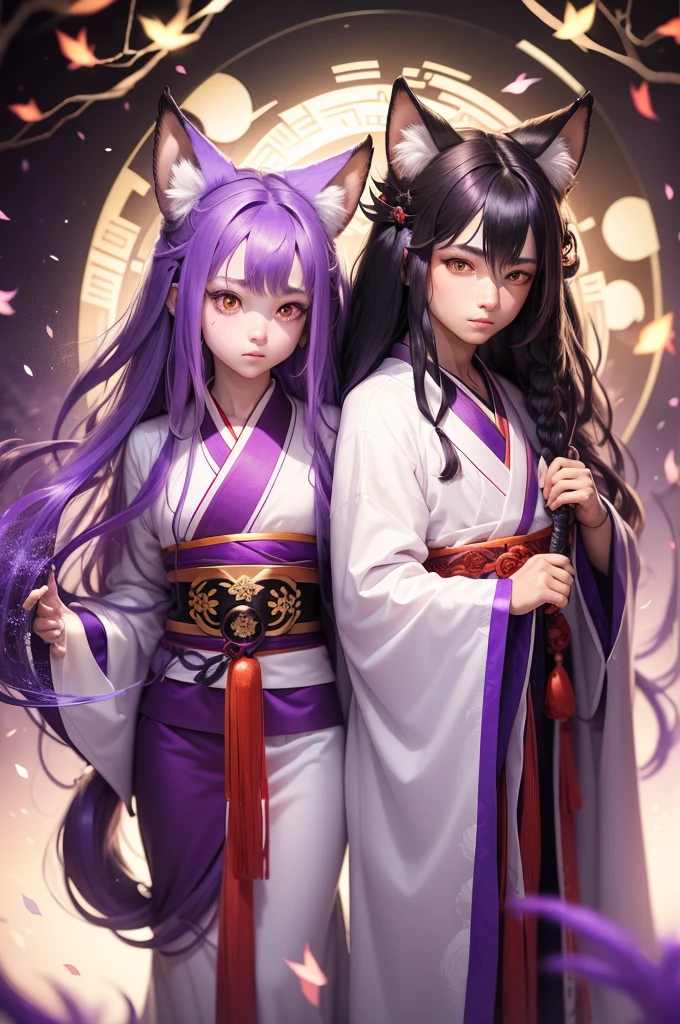 1Boy, long hair, purple hair, curly hair, purple eyes. Fox ears, fox tails (Kitsune). Black Japanese traditional clothing. Japanese temple, forest, white leaves, (unusual pupils), (glowing eyes), (magic eyes)