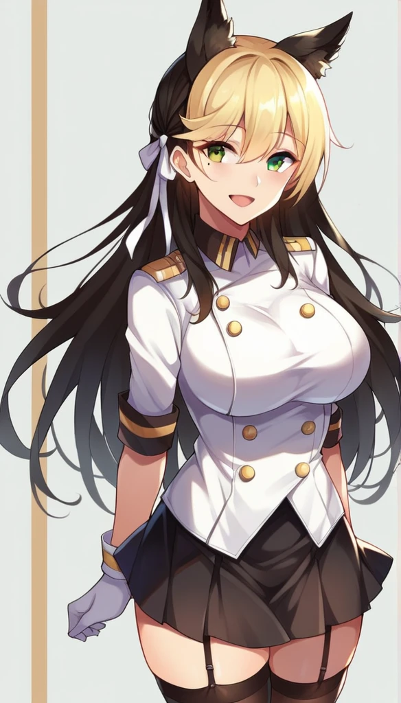 score_9, score_8_up, score_7_up,score_6_up, score_5_up, score_4_up , 1girl, solo, ((Split hair)), ((blonde hair)), ((black hair)). heterochromia, brown eyes and green eyes, atago_\(azur_lane\), black hair, brown eyes, mole_under_eye, military_uniform, garter_straps, skirt,black legwear,white gloves, atagokc, blonde hair, green eyes, long hair, bangs, hair between eyes, large breasts, happy, cowboy shot, simple background