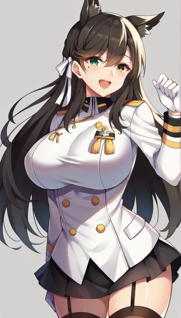 score_9, score_8_up, score_7_up,score_6_up, score_5_up, score_4_up , 1girl, solo, ((Split hair)), ((blonde hair)), ((black hair)). heterochromia, brown eyes and green eyes, atago_\(azur_lane\), black hair, brown eyes, mole_under_eye, military_uniform, garter_straps, skirt,black legwear,white gloves, atagokc, blonde hair, green eyes, long hair, bangs, hair between eyes, large breasts, happy, cowboy shot, simple background