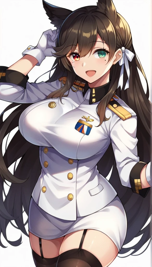 score_9, score_8_up, score_7_up,score_6_up, score_5_up, score_4_up , 1girl, solo, ((Split hair)), ((blonde hair)), ((black hair)). heterochromia, brown eyes and green eyes, atago_\(azur_lane\), black hair, brown eyes, mole_under_eye, military_uniform, garter_straps, skirt,black legwear,white gloves, atagokc, blonde hair, green eyes, long hair, bangs, hair between eyes, large breasts, happy, cowboy shot, simple background