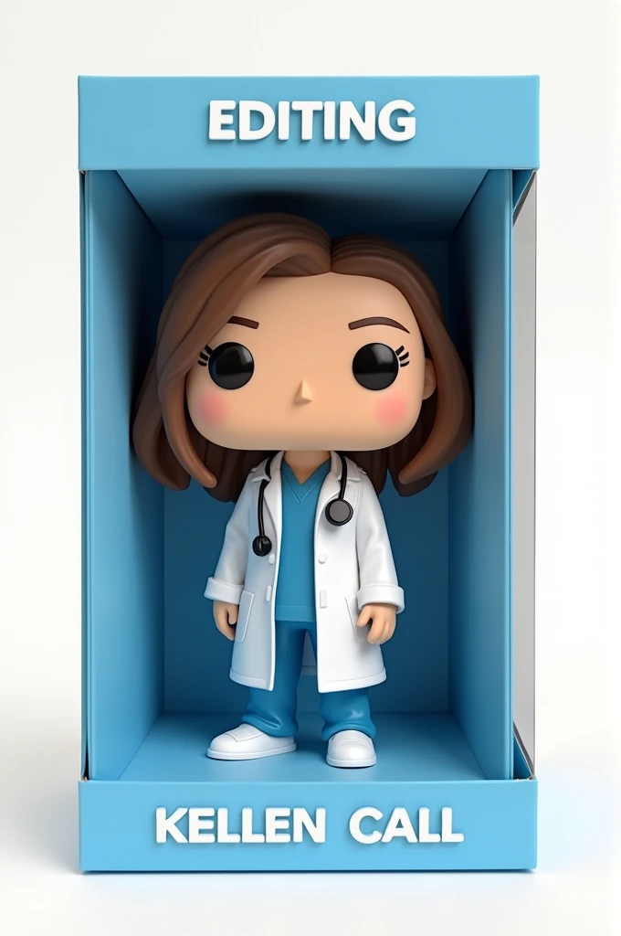 Create a Funko Pop of a kellen call, Brunetette, with slanted eyes, dressed as a doctor. Funk must be presented inside and outside a blue box "unlimited editing". The box must also allow viewing of the funko, Typography, the rendering must be in 3D with a white background