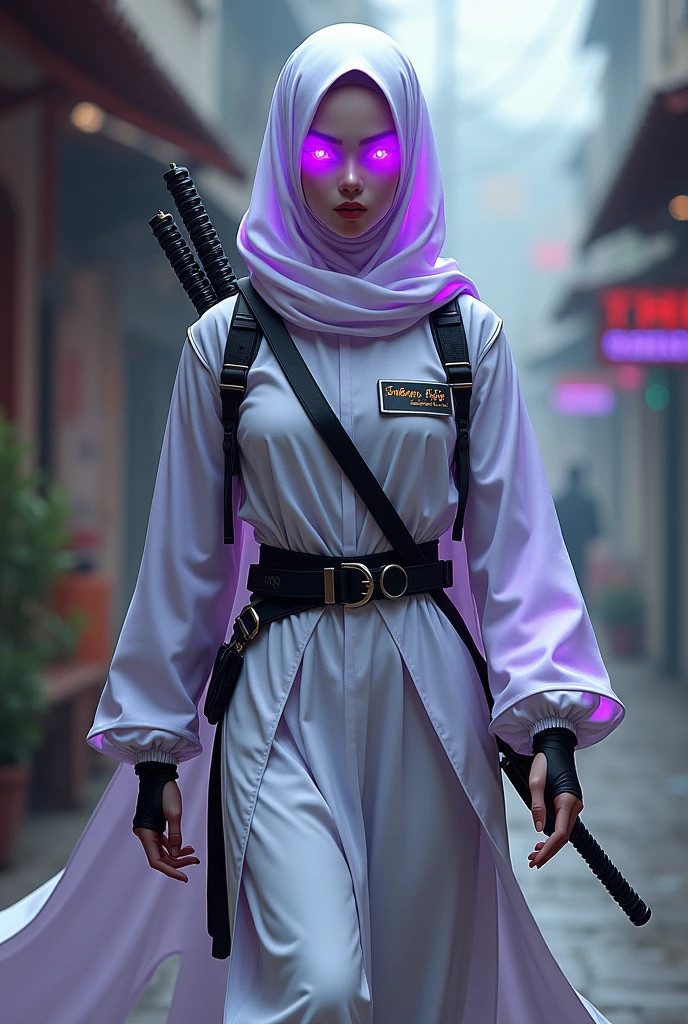 a female like ninja around age 15, Muslim niqabis close her face, No hair. wearing tech cloak, cloak white combine with purple glowing color. purple eye color, white skin tone. add Mata Dragon roman text on cloak, slim body, holding katana, cyberpunk, medium size name tag named Sabrina, add bow on back, walking toward camera. she serious, Background at Malaysia