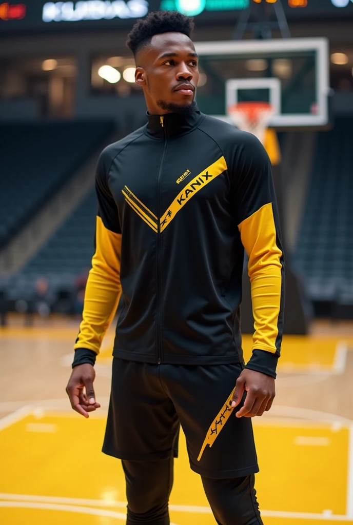 Black and yellow basketball warm-up clothing, modern style for men, name brand "KANIX"