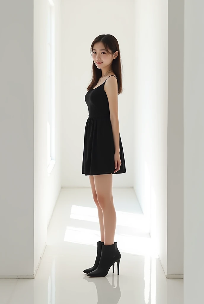 brunette, smile, flat chest, skinny face, white wall, no decoration, short black dress, looking at camera smiling, standing in white hallway, wearing high heel boots