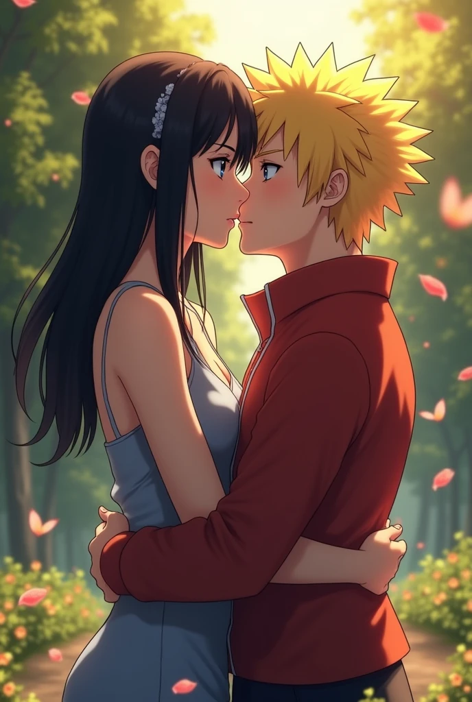 Create an image of Sasuke in the form of a woman kissing Naruto 