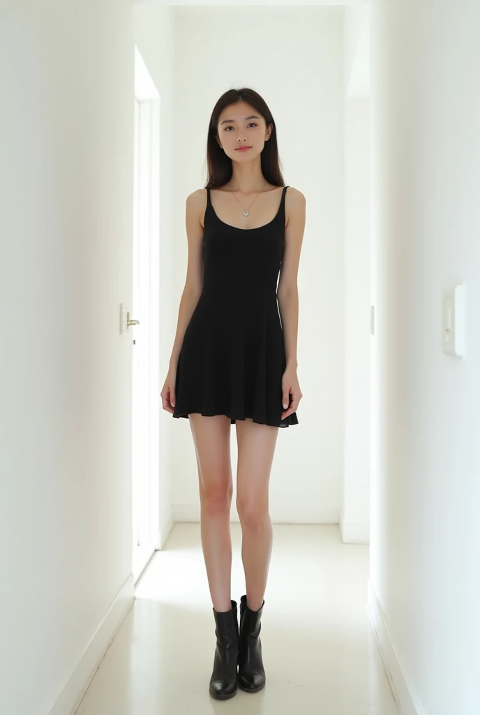 brunette, smile, flat chest, skinny face, white wall, no decoration, short black dress, looking at camera smiling, standing in white hallway, wearing high heel boots
