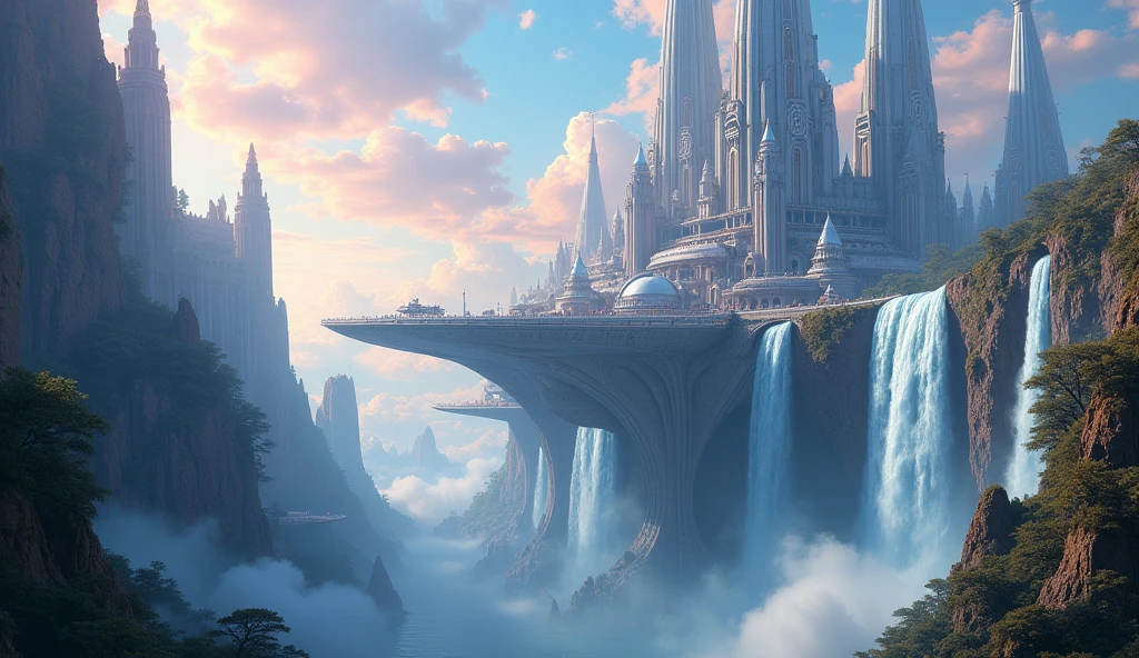 Huge castles and skyscrapers floating in the sky Cyberpunk Otherworldly fantasy Highest quality Ultra HD Utopia 8K Huge waterfalls Nature