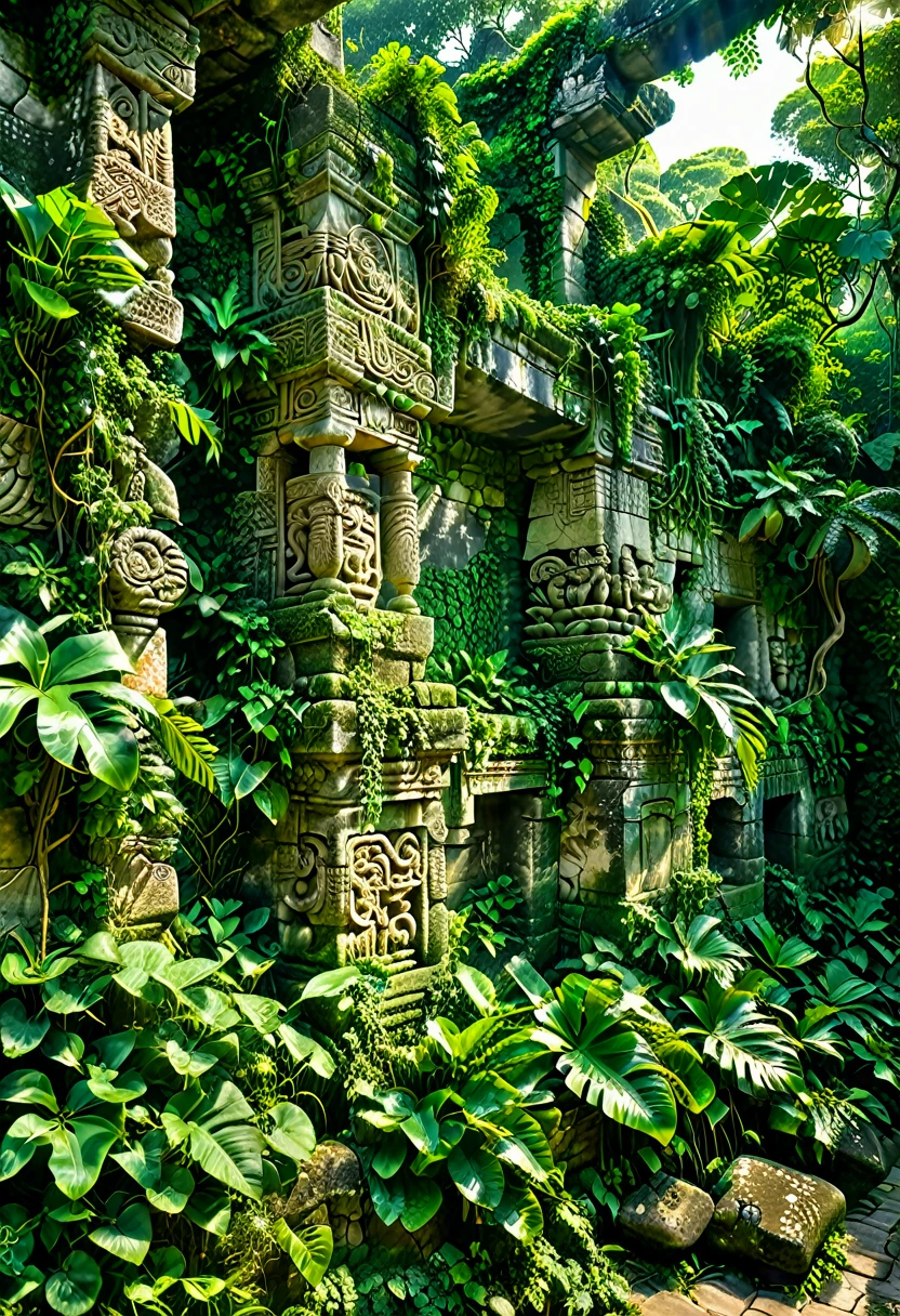 A photorealistic image of a wall of ancient Maya ruins, partially hidden by lush green vegetation. The stone structure features intricate carvings and symbols, weathered by time, with vines and tropical plants cascading over the stones. Sunlight filters through the dense canopy above, casting dappled light on the ruins, highlighting the textures of the stone and the vibrant greens of the surrounding foliage. The atmosphere is serene and mystical, evoking a sense of history and nature in harmony. Captured with a 35mm lens, in natural light, high resolution, and detailed with HDR quality.