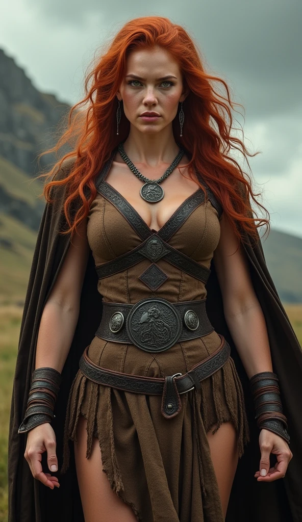 Create an ultra-realistic full-body portrait of Boudica, the legendary queen of the Iceni tribe. Boudica is depicted with a striking, powerful physique, emphasizing her athletic and warrior-like build. She has a small waist and strong, defined arms, symbolizing her physical strength and leadership. Her skin is fair, with a subtle, natural glow that reflects her vitality.
Her hair is a wild, fiery red, cascading down her back in loose waves, adding to her fierce and untamed appearance. Her eyes are a piercing shade of green, filled with intensity and determination, reflecting her resolve to defend her people. Her lips are full and slightly parted, showing a mix of defiance and command.
Boudica is dressed in traditional Celtic warrior attire, including a form-fitting, leather corset that accentuates her small waist, and a long, flowing cloak adorned with intricate patterns and tribal symbols. She wears a metal torque around her neck, a symbol of her nobility and status as a leader. The background is a rugged, windswept landscape of ancient Britain, with stormy skies adding to the dramatic atmosphere. The overall scene captures Boudica's strength, beauty, and indomitable spirit as the fierce queen who dared to challenge the Roman Empire
