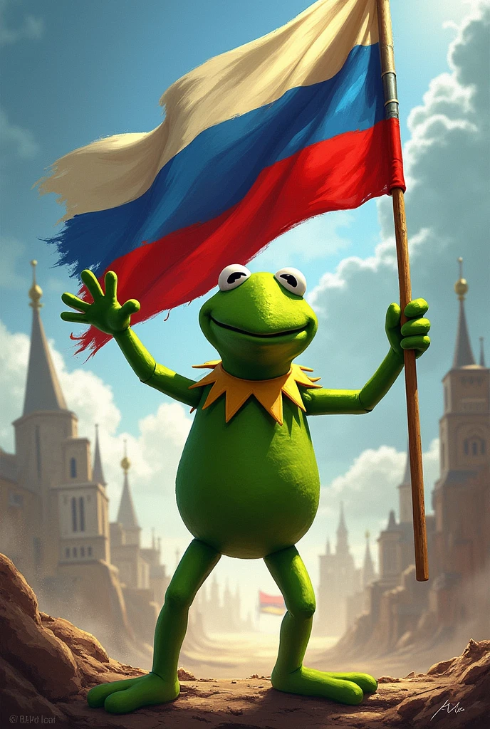 Kermit the Frog with the Free Russia flag
