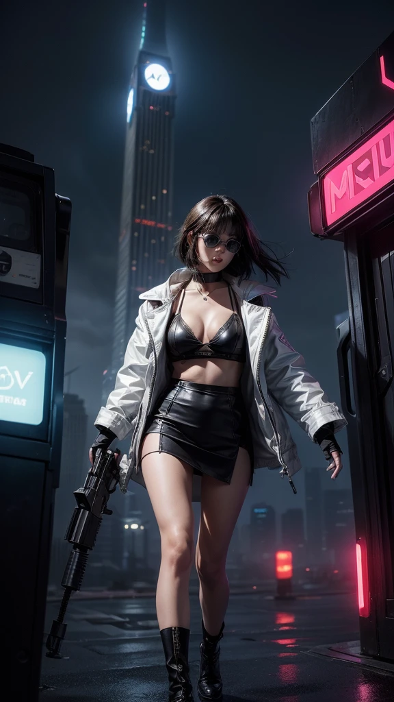 (Wide angle view). Blade Runner style futuristic city, simple outlined neon buildings, glowing giant clock tower, flying cars, lightning, 3d rendering Beeple. At night, (1girl, solo, alone), photorealistic, medium-breast slim:0.6 body, oval:0.5 face, cleavage:1.1, sexy black laced bra, deep-V, (low angle view of miniskirt), white laced panty, coat, (Matrix style black micro sunglasses), ((aiming viewer with a short gun)), (slightly leaning forward running pose), (half-body thigh level close-up shot), cinematic lighting, ray tracing.