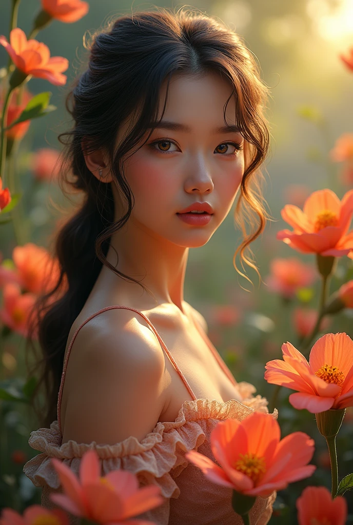 a beautiful detailed  girl standing in a colorful vibrant flower garden, ultra-detailed, 8k, (best quality,4k,8k,highres,masterpiece:1.2),ultra-detailed,(realistic,photorealistic,photo-realistic:1.37),stunning detailed portrait, intricate detailed floral garden, natural lighting, cinematic composition, warm color palette, vibrant colors, lush foliage, shallow depth of field, golden hour