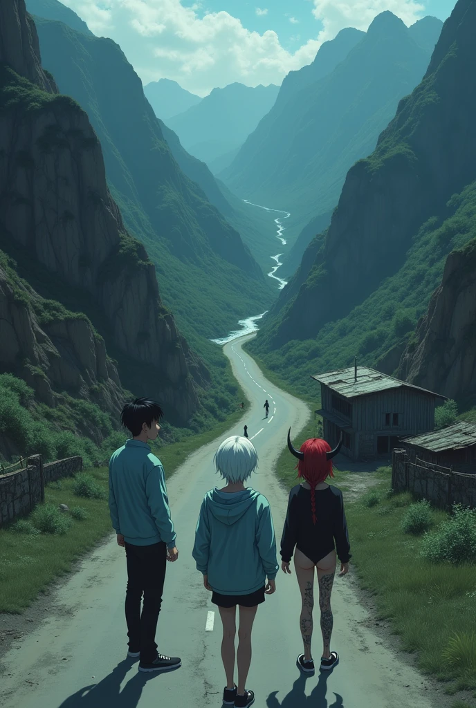 The image is anime style cowboy bebop and Darker than black with shadows and dim lights, anime style although somewhat adult and dark, It shows a rural road, where an old and destroyed building is located between the mountains, the view of the image is aerial. in the middle of a valley, where you can see mountains and a river below, on a vacant lot, very far, You can see a young man wearing a light blue jacket and black sneakers and an albino woman with short white hair wearing a black sweater and tiny mini-shorts., carrying her beautiful bare feet. both, They are standing at the other end of the road. In a very distant part of the road stands a red-haired girl who has a tattooed body and a single horn., She wears her hair in a big braid.