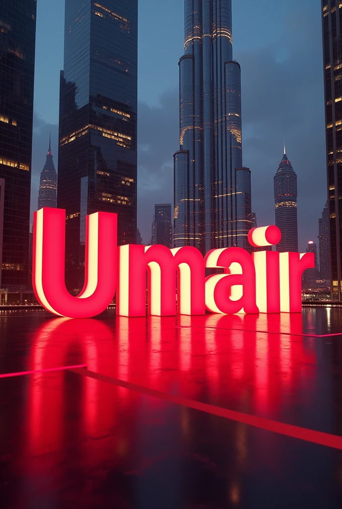 Umair name light red 3d in Burj Khalifa state close